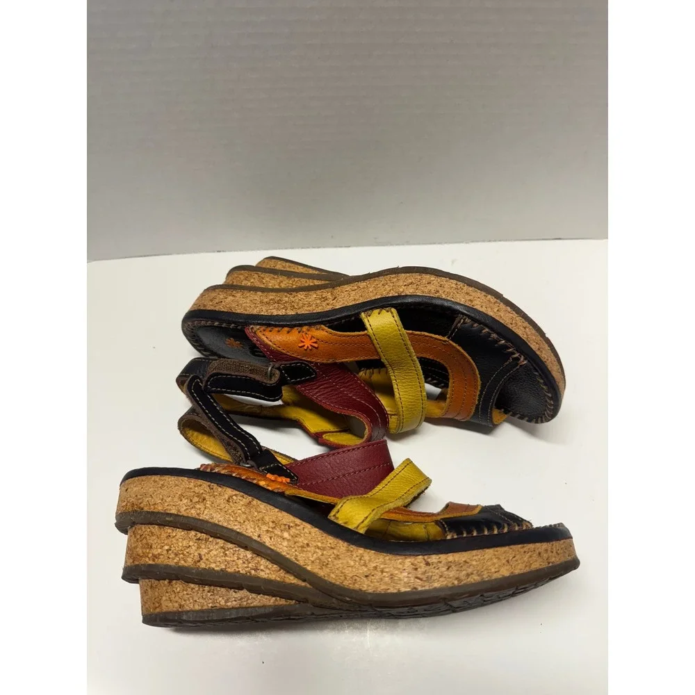 Art Company 992 Multi Color Leather Cork Wedge Platform Sandals Womens 39 8.5‎